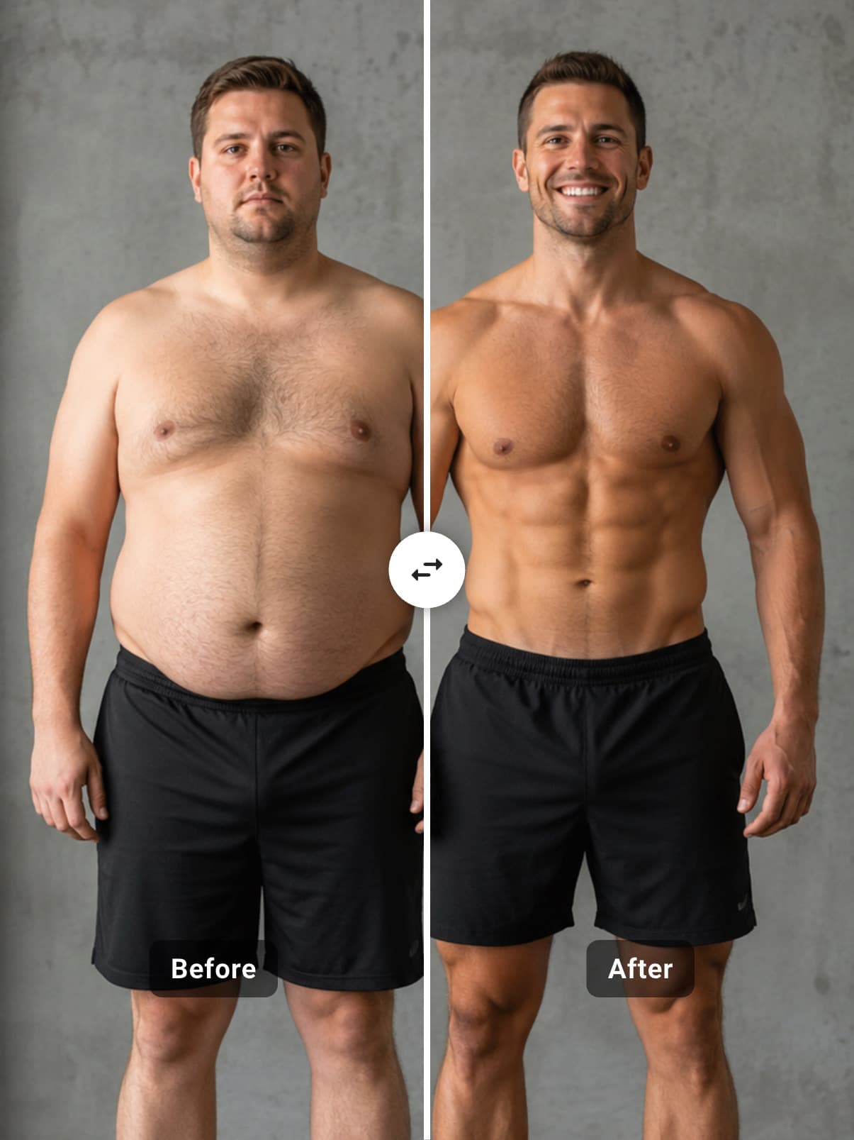 Before and after body transformation comparison showing an overweight man on the left and the same man fit and lean on the right, created with Before-After